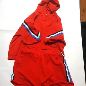Red 2 peice with blue black and red stripes